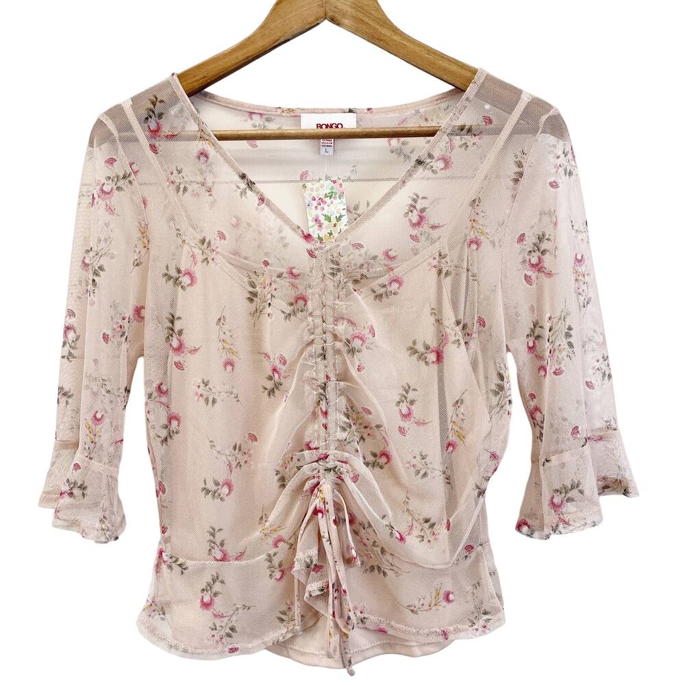 Bongo Mesh Ruched‎ Floral Top Jrs Large Whimsigoth Coquette Boho Festival Fairy